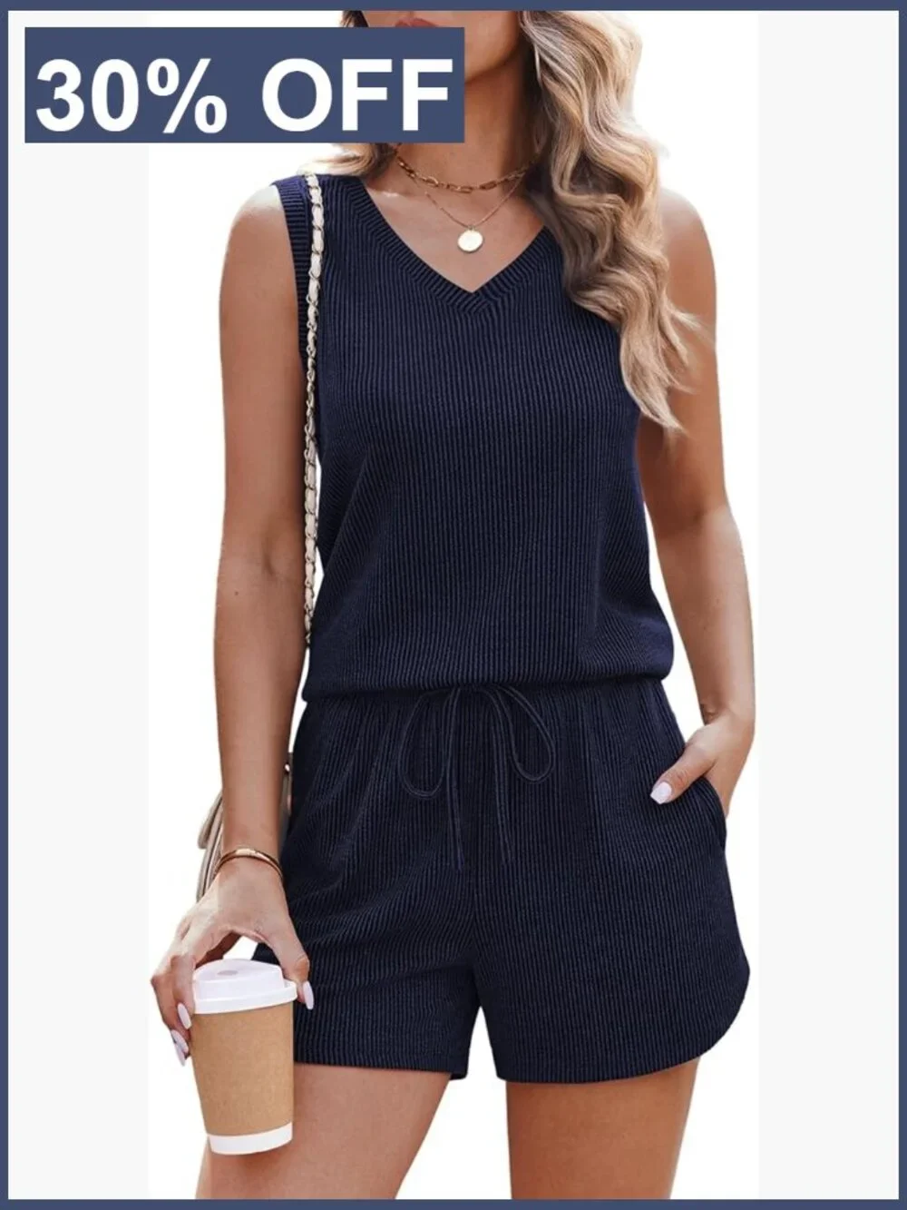 Soft Knit Lounge Set with V-Neck Tank and Pockets, Size Medium
